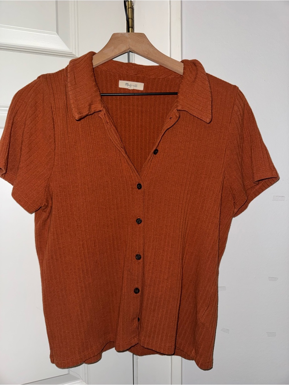 Madewell Ribbed Short-Sleeve Button Cardigan in Rust Orange